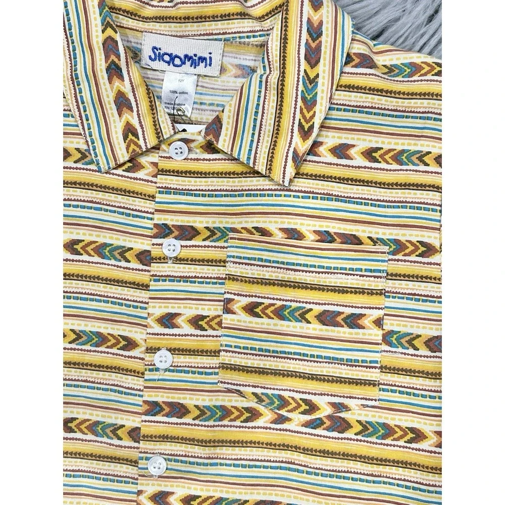 Siaomimi Boys Short Sleeve Mustard Aztec Button Downcollared Shirt Size‎ 12Y $62